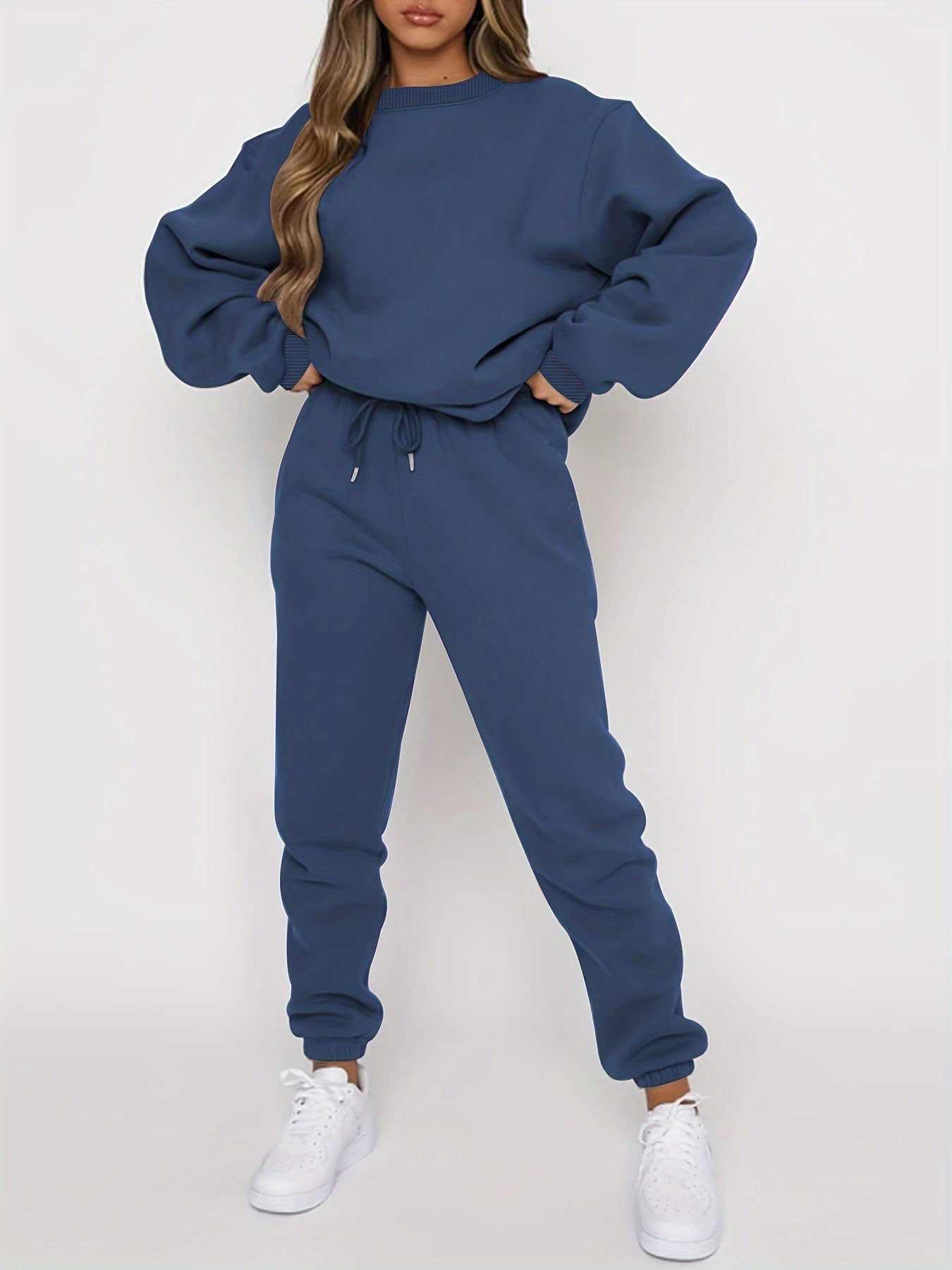Women's Autumn And Winter Simple Solid Color Loose Pullover Sweatshirt + Solid Color Elastic Waist Pants Casual, Fashionable, Temperamental, Commuting, Versatile Two-Piece Set
