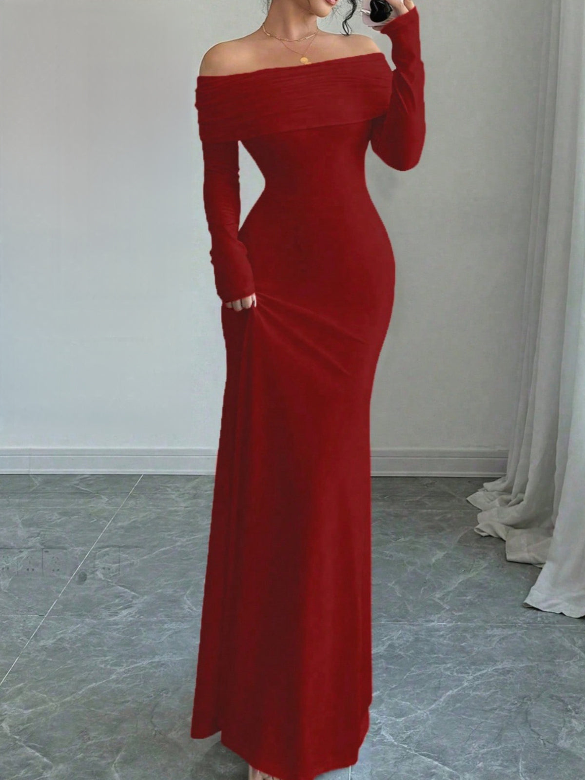 Backless Off-Shoulder Gown | Women'S Sexy Elegant Evening Dress, Long Sleeve, Solid Color, Perfect for Spring/Fall, by SCACTO