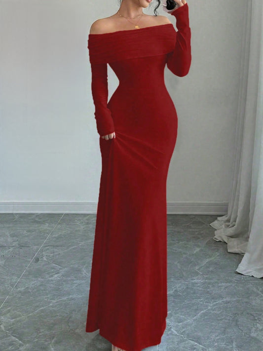 Backless Off-Shoulder Gown | Women'S Sexy Elegant Evening Dress, Long Sleeve, Solid Color, Perfect for Spring/Fall, by SCACTO