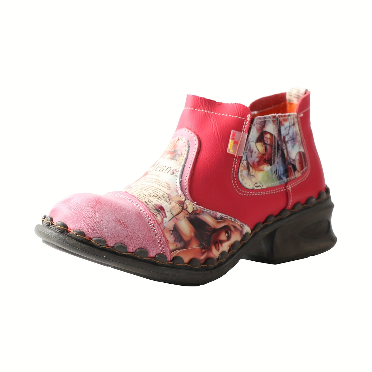TMA EYES Women'S Genuine Leather Low-Top Ankle Boots with Newspaper Print - Lightweight Comfortable Round Toe, TPR Sole & Microfiber Insole, Casual Versatile Plain Toe Design, Easy-Clean Everyday Boots for Women, All-Season I