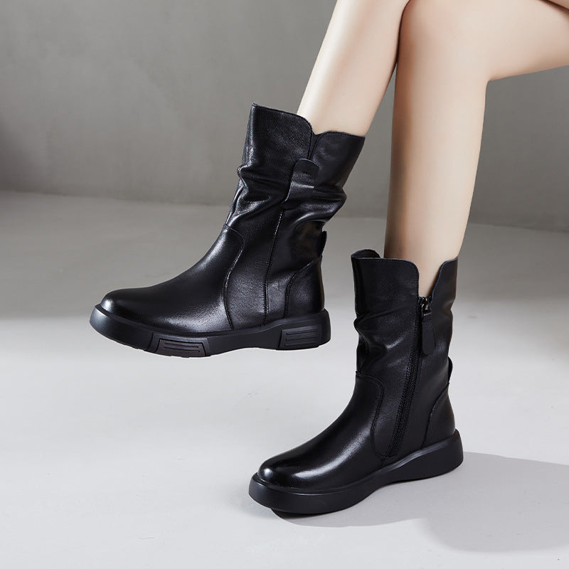 Women's Genuine First-Layer Cowhide Boots - Fleece-Lined Mid-Calf Chelsea Ankle Boots with Round Toe & Zipper Closure, Solid Color Casual Winter Boots for Cold Weather (Rubber Sole) - New Style for Autumn and winter footwear