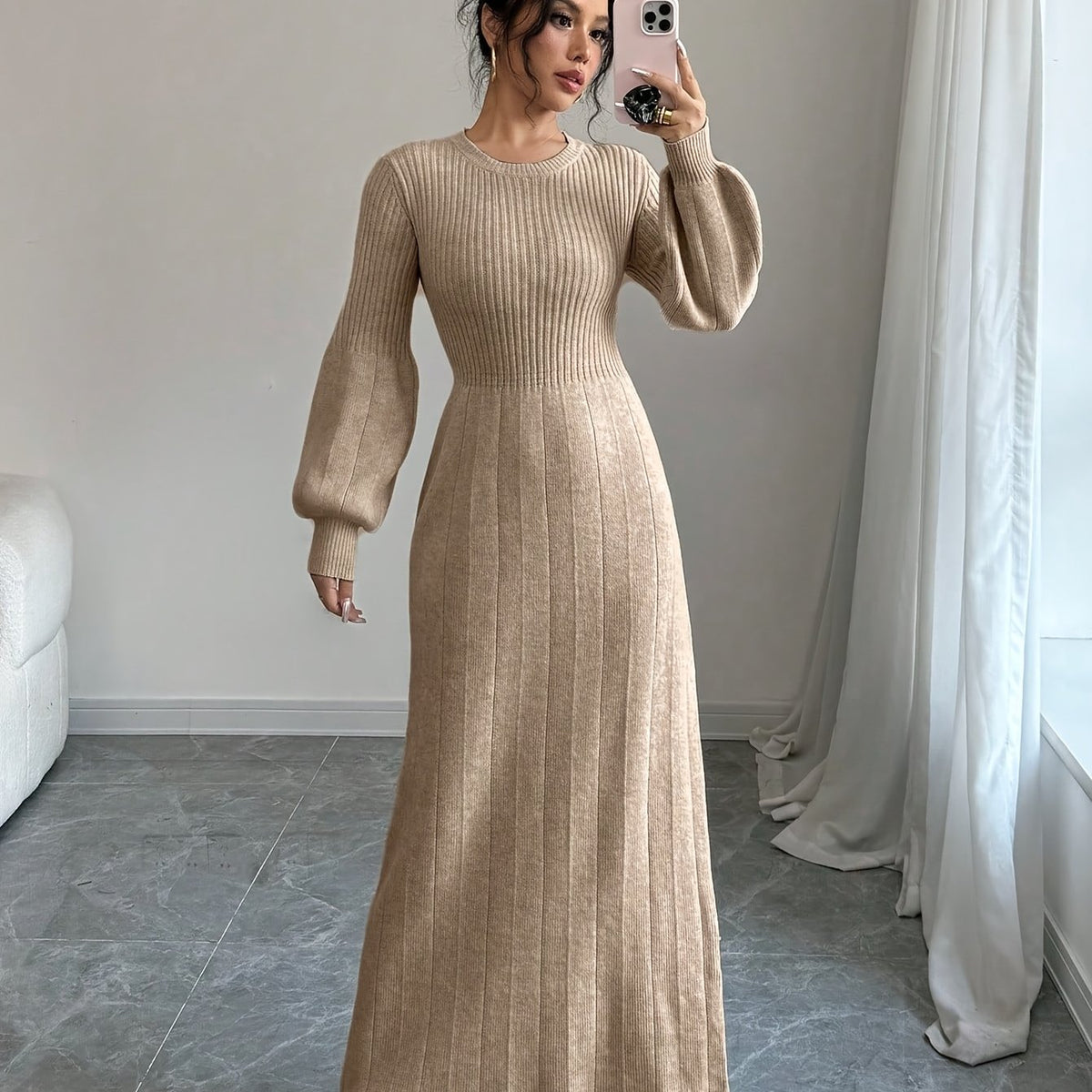 Elegant Beige Sweater Dress with Lantern Sleeves - Long, High Neck, Ribbed Texture, Perfect for Fall & Winter, Stylish Women'S Fashion, Casual Chic Dress | High Neck Dress | Construction, Sweater Dress