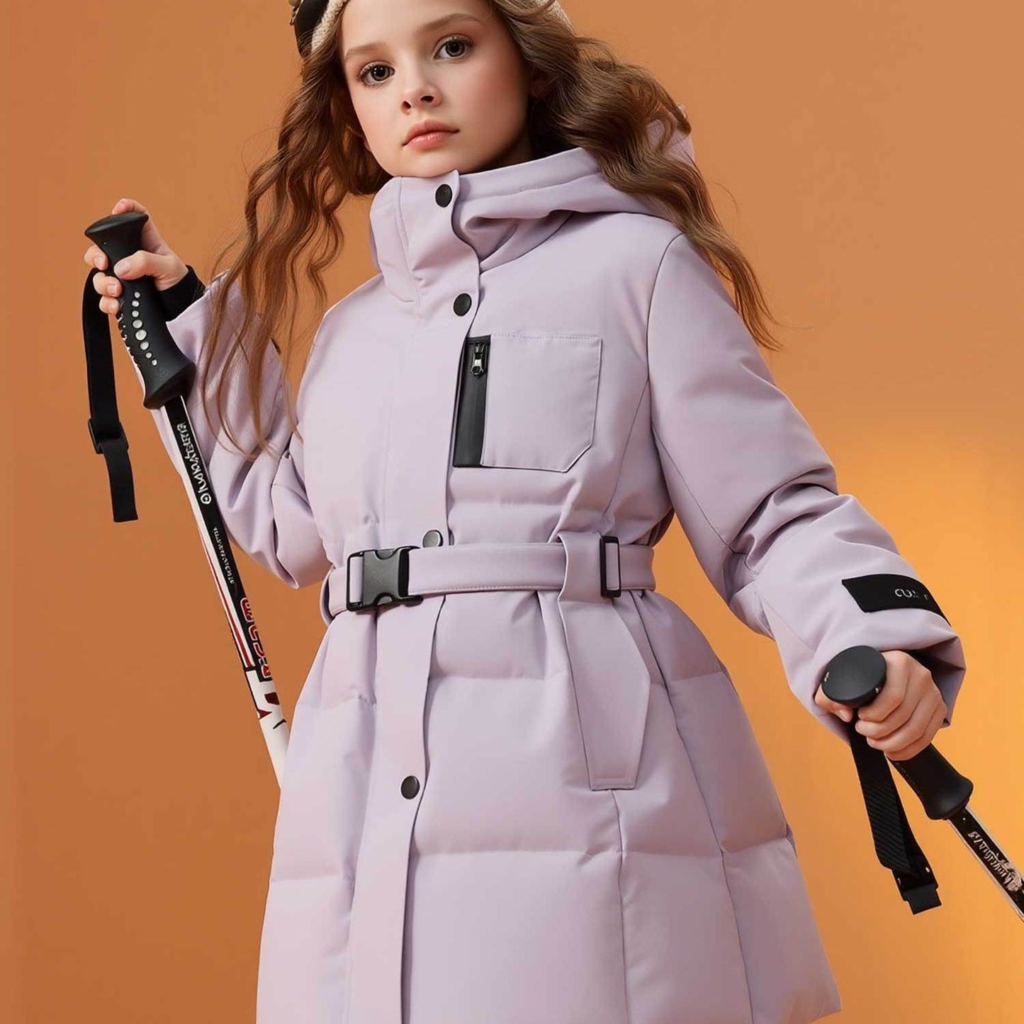 Girls' Thickened Winter Coat with Hood & Belt - Mid-Length Warm Jacket, Loose Fit Full-Zip Outerwear, Soft Pastel Purple, Insulation for Skiing, Winter Jacket For Girl, Winter Coat For Girl, Girl Winter Jacket, Girl Winter Co