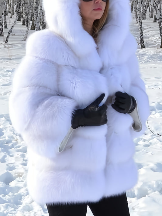 Winter Warm Hooded Artificial Fur Jacket - Outdoor Casual Coat with Hood, Machine Washable, Thick for Cold Weather, Fall And Winter Clothing