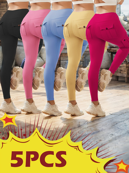 5-Packs High Waist Yoga Leggings With 4 Button Pockets, Multipack Butt Lifting Tummy Control Workout Running 4 Way Stretch Cargo Sports Pants, 5pcs Leggings Set, Yoga Pants Set For Women