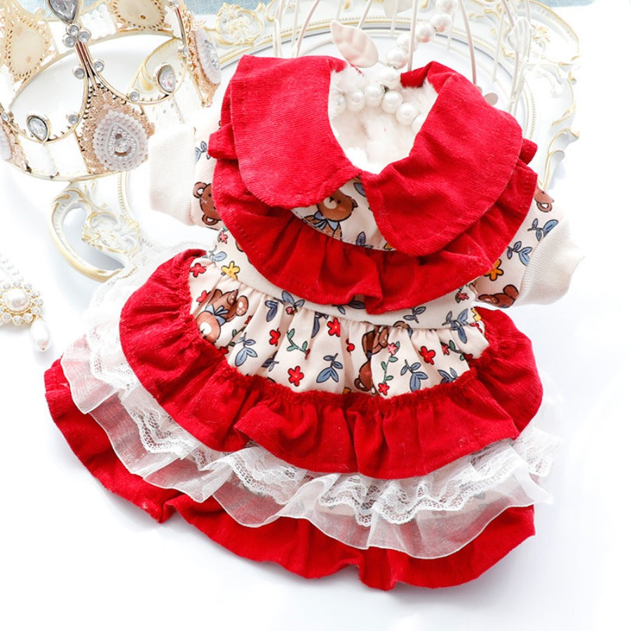 Fleece-Lined Warm Winter Princess Dress, Suitable for Small Dogs And Cats - Red And White Ruffled Lolita Style Pet Clothing, Featuring Poodle Trim, Ideal for Pomeranians, Chihuahuas, Shih Tzus, Pomeranians, And Yorkshire Terr