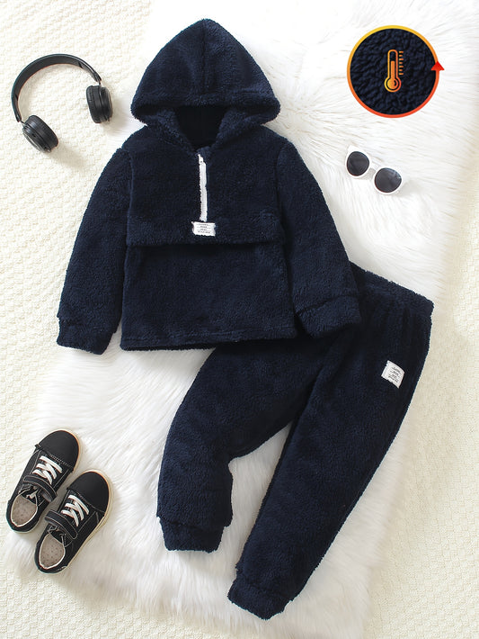 Boys' Plush Fabric Navy Blue Zip-Up Hoodie Set with Letter Print Patchwork, Long Sleeve and Pants for Autumn/Winter Warmth, Perfect for Outdoor, Suitable for Travel Outdoor Christmas, Thanksgiving Gift and Combo Set Random Pr