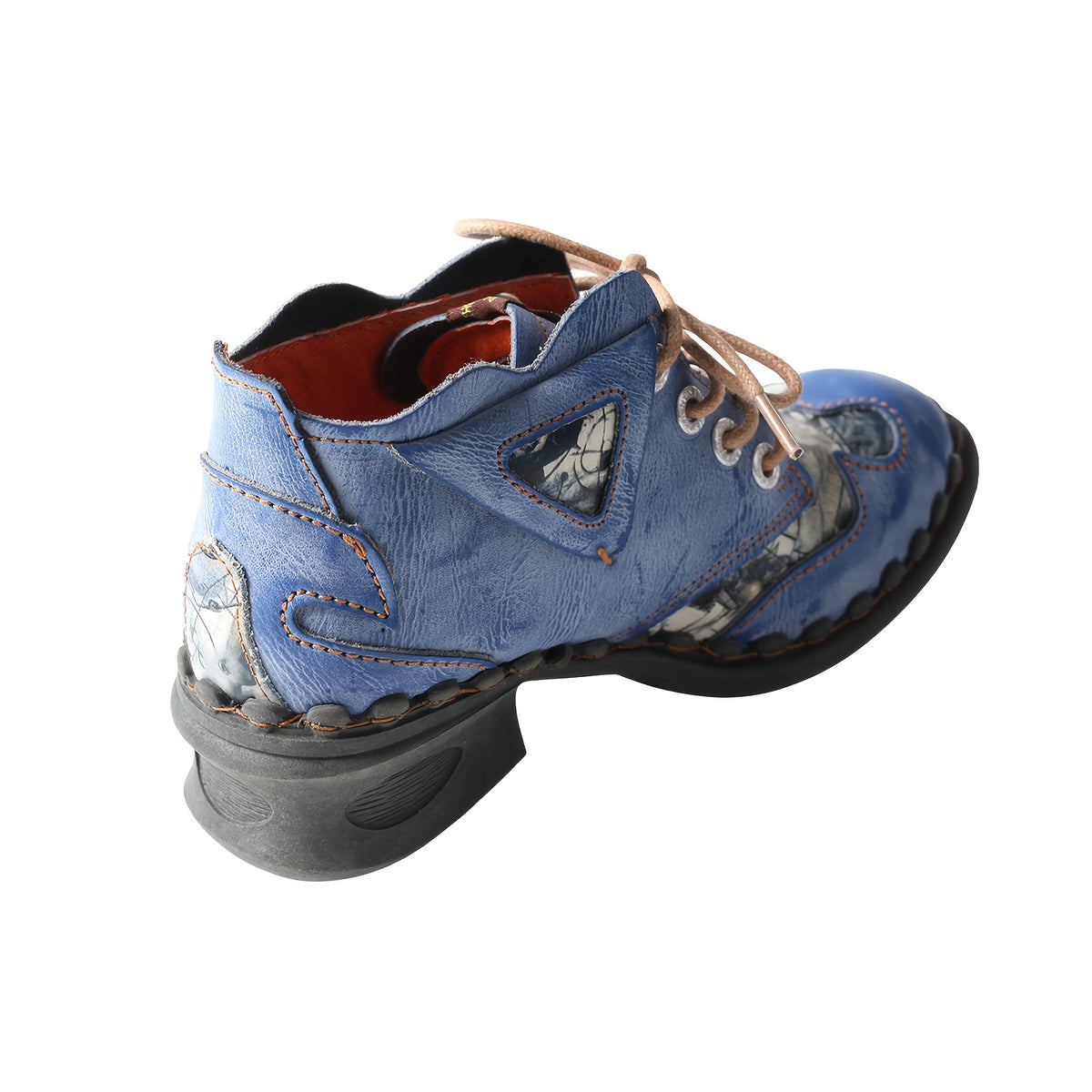 TMA EYES Autumn And Winter American Retro Made Women'S Short Boots With A Cowhide Top, Spliced Newspaper Print, Suede Leather, Thick Heel, Tie Up, Commuting Street Style, Versatile Riding Boots