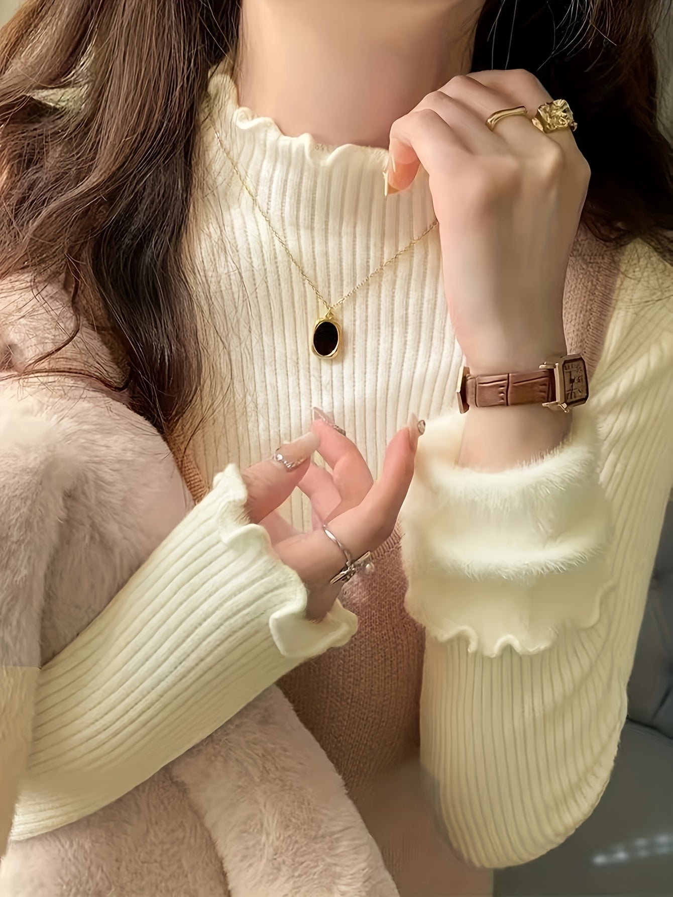 Solid Color Autumn Winter Early Spring Half High Neck Ruffle Fleece Lined Knit Sweater