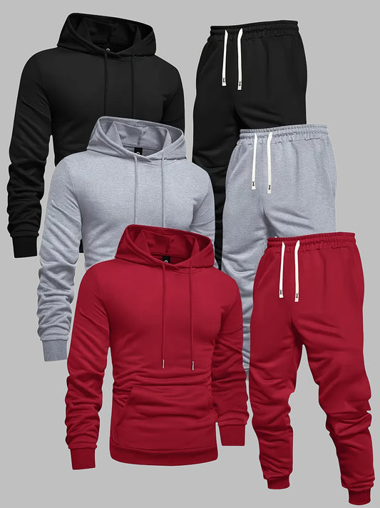 [6pcs Set] Autumn And Winter New Men'S Casual Suit Set, Long Sleeved Hooded Sweatshirt with Long Pants, Drawstring Design, Regular Style, Machine Washable, Suitable for Daily Leisure Outdoor Sports, Outdoor Activities, Casual