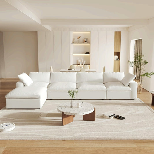 [Convertible Cloud Sofa] Convertible L-Shaped Cloud Modular Sectional Sofa with Storage Ottoman | 160.6" Wide Deep Seat Down Filled Comfort Couch for Living Room, Minimalist 4 Seater and 1 Ottoman, White