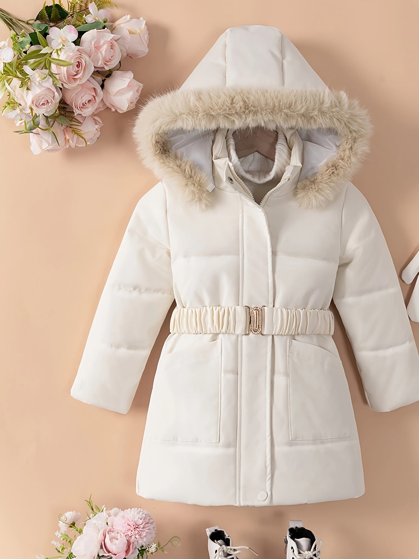 [Christmas] Girls' Heavy-Duty Winter Coat with Hood - Long Formal & Casual Snow Jacket, Adjustable Waist Belt, Zipper Closure, Elegant Hooded Outerwear for Cold Weather, Christmas, Everyday - Non-Stretch Fabric (Hand Washable