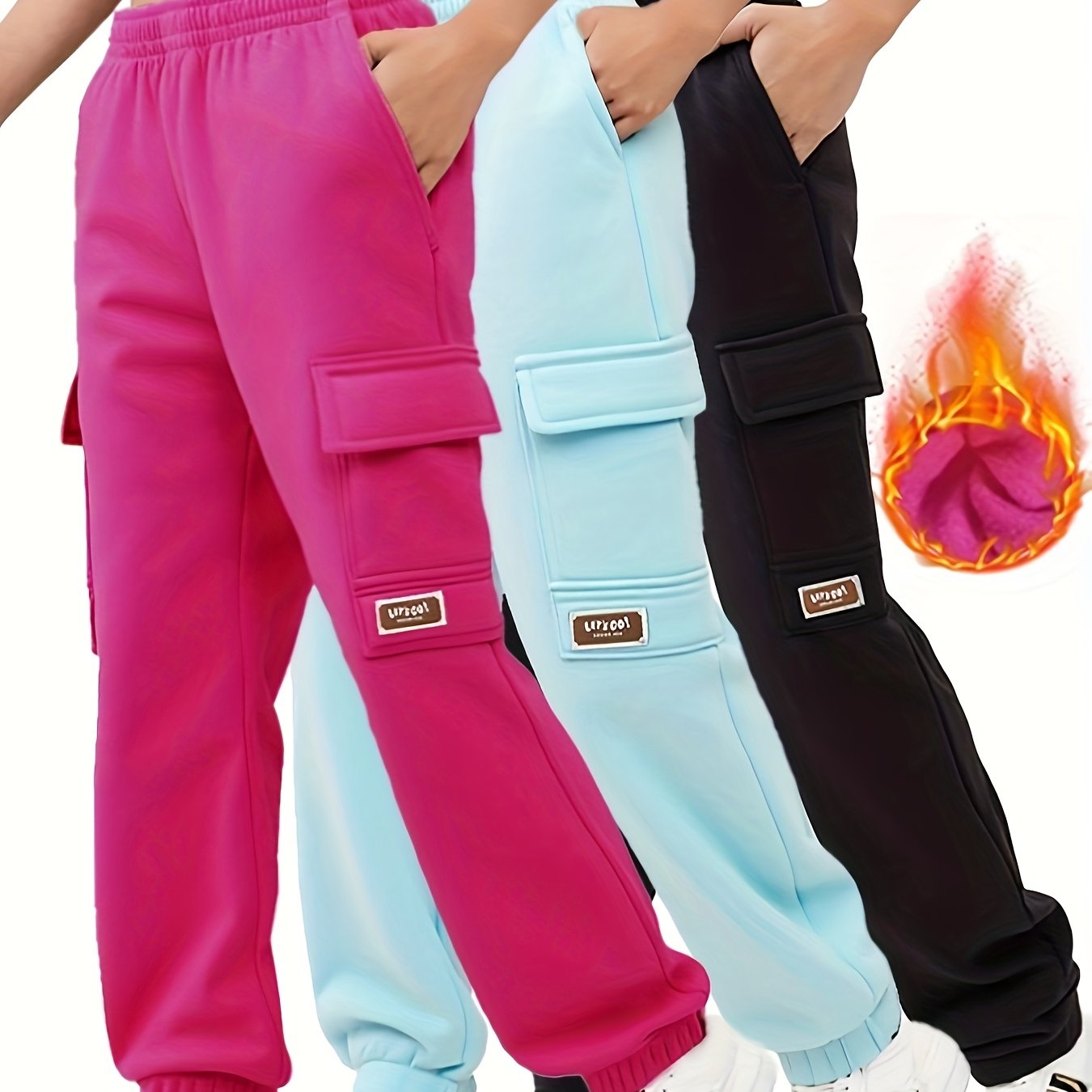 3pcs Girls' Thermal Pants with Elastic Waist & Multi-Pocket Design - Winter Warm Cargo Trousers for Outdoor Play,, Skiing - Pink//Dark Blue Teen Girls' Casual Pants (Hand Washable), Perfect for Outdoor