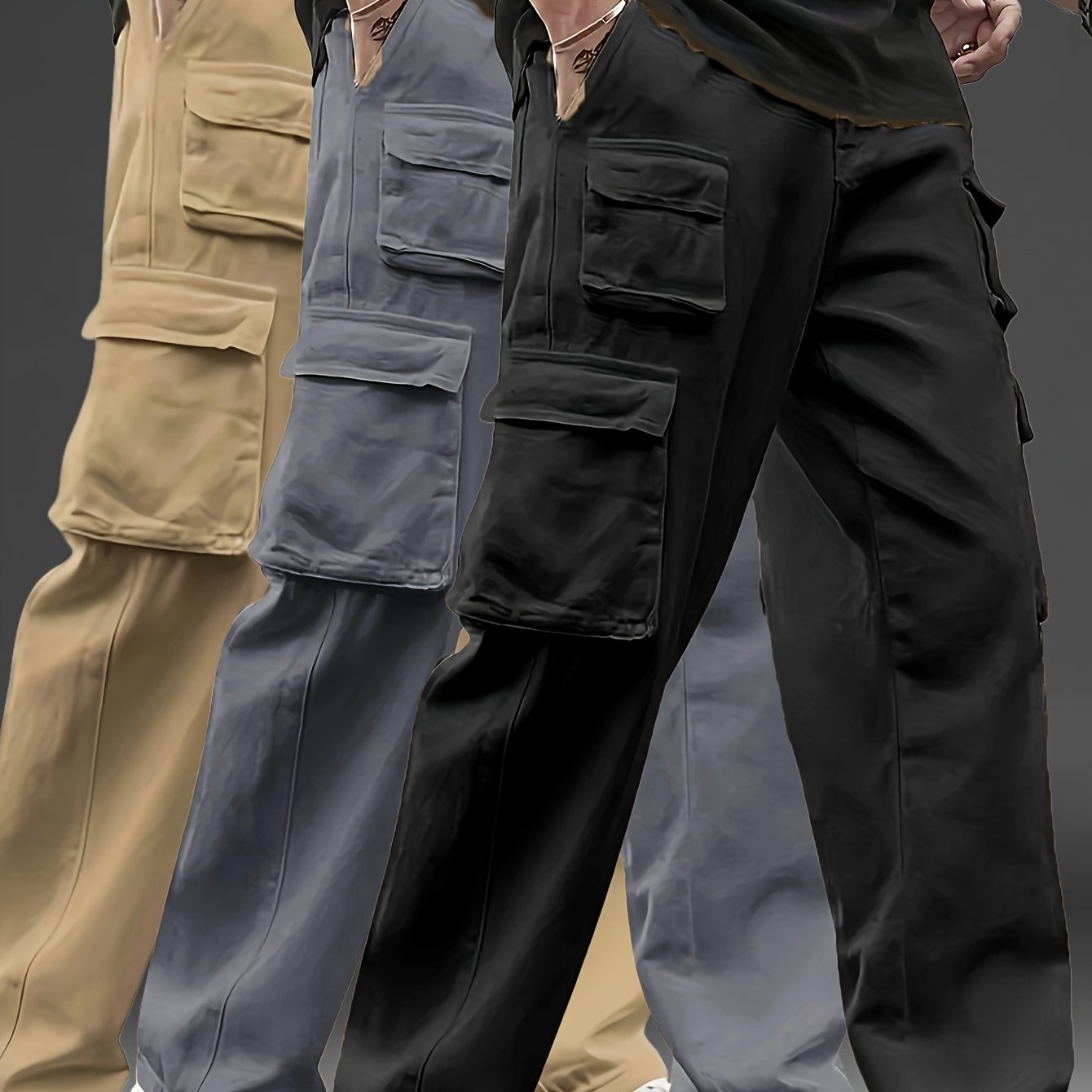 3pcs Men's Multi-Pocket Cargo Pants: Features a Trendy Loose Fit and Durable Design, Making Them Versatile Casual Work Pants Perfect for Outdoor Sports, Daily Wear, Travel, and Various Other Occasions.