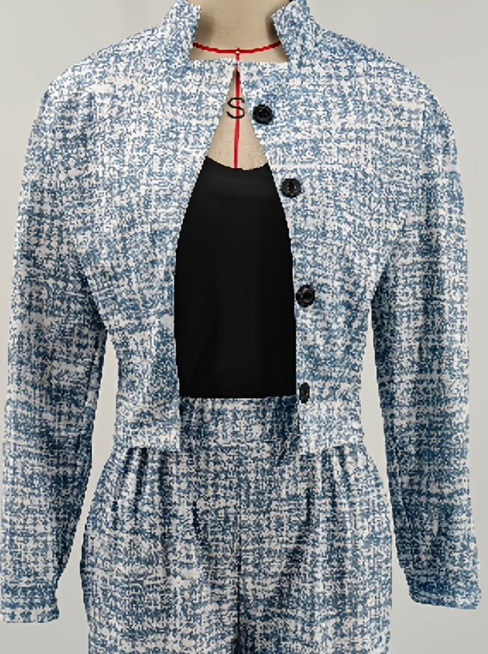 Plus Size, HERTALK's new lapel slim Women's style long-sleeved short jacket paired with wide-leg pants set