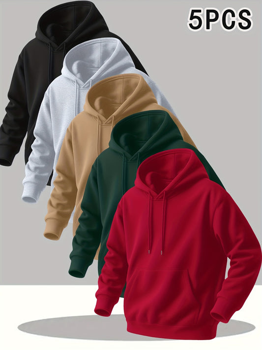 5pcs Solid Color Men's Hooded Long Sleeve Sweatshirts with Kangaroo Pocket - Breathable Pullover Sweaters, Machine Washable Outdoor Gym Jogging Wear, Spring/Fall Casual Layering (Regular Fit, 5pcs Bulk Order Discount)