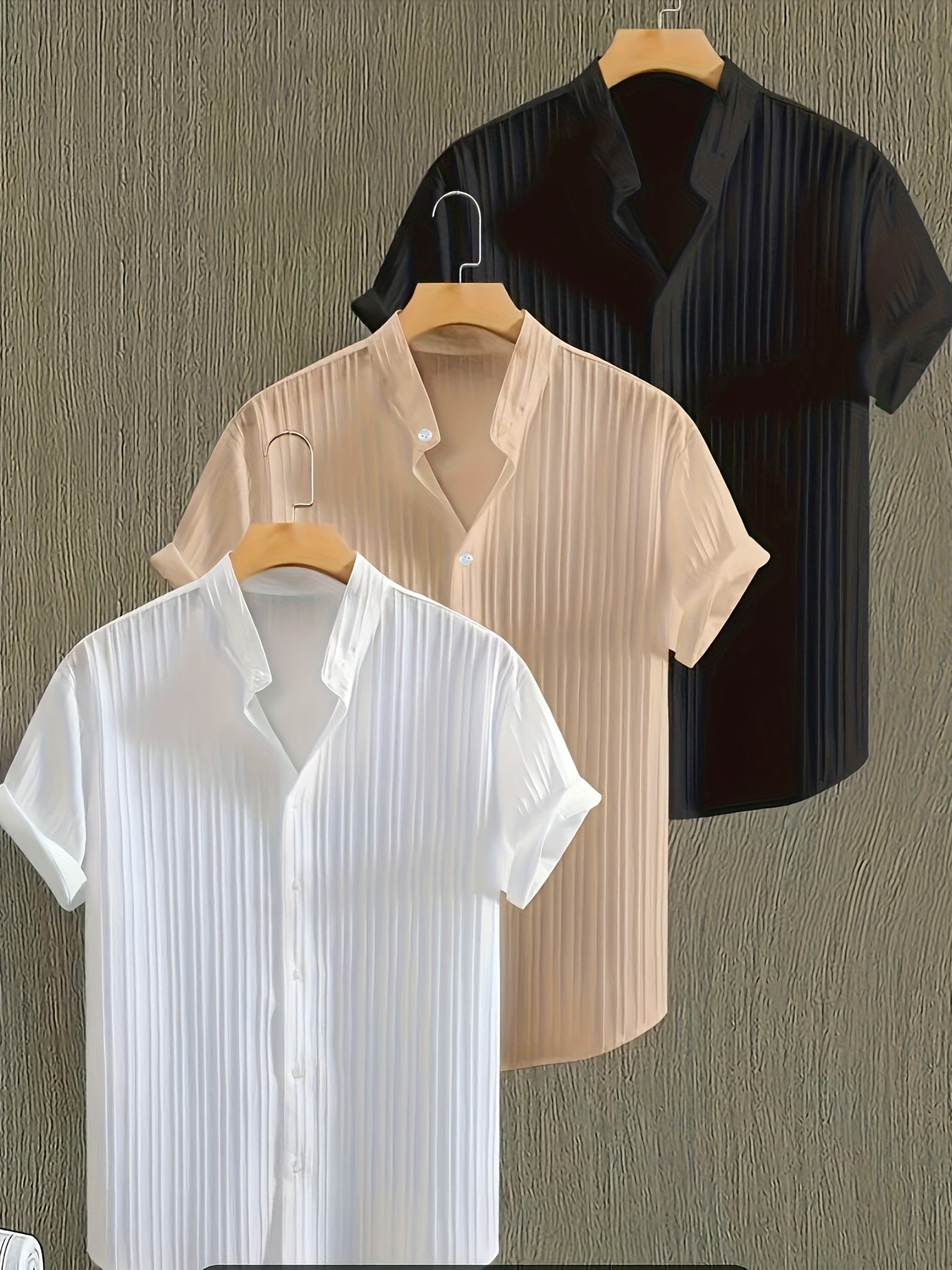 [Men's Summer Shirt] Men's Summer Solid Color Short-Sleeve Stand-Collar Shirt, Breathable And Comfortable Fabric Button-Up Top, Casual And Stylish Versatile Outfit Set, Three-Piece Beach Vacation