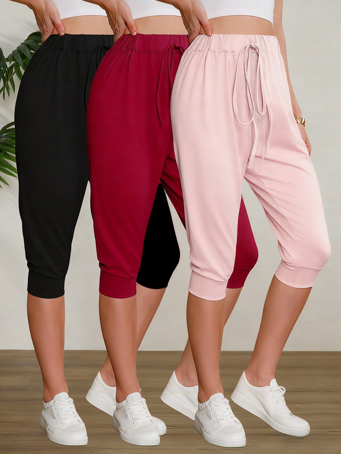 A Set of Three Casual Capri Pants with Bows, Comfortable Enough to Wear Outside As Loungewear