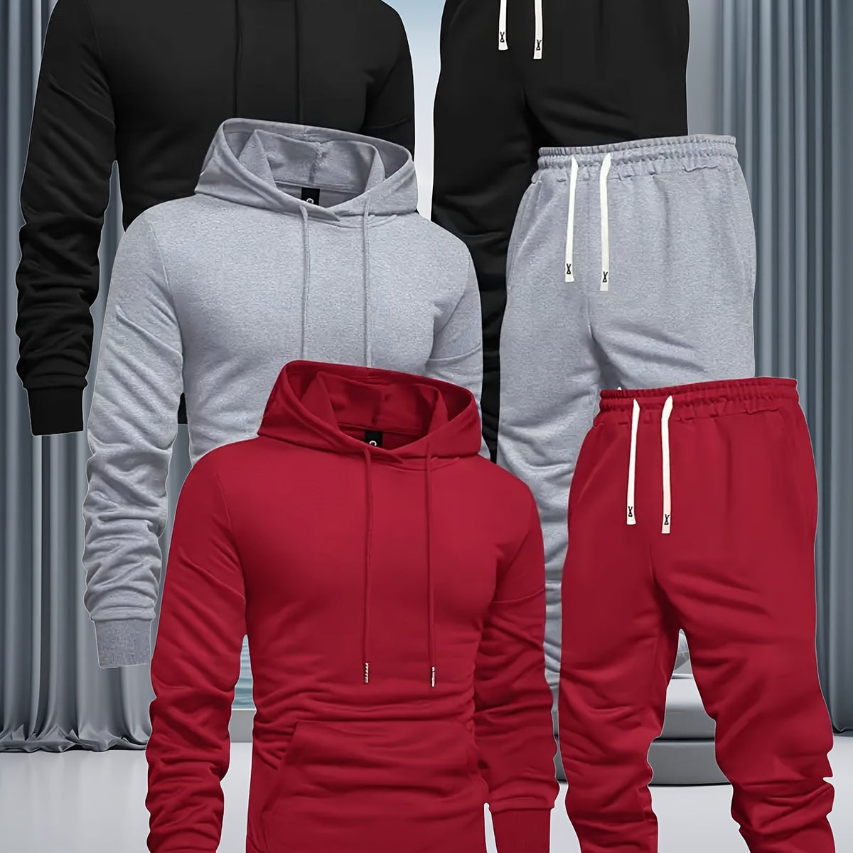 6pcs Collection for Men Featuring a Casual Sports Outfit for Autumn And Winter, Including a Solid Color Hooded Sweatshirt with Drawstrings And Matching Pants. Made from Knitted Fabric, This Regular Fit Set Is Machine Washable