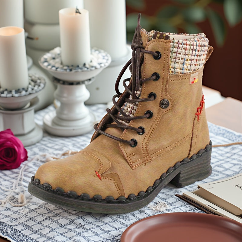 TMA ETES Women'S Elegant Height-Increasing Chunky Heel Ankle Boots with Anti-Slip TPR Sole, Side Zipper Closure, Round Toe & Plaid Design - All-Season Genuine Cover-like Synthetic Upper, Low Block Heel, Round Toe & Arch Suppo