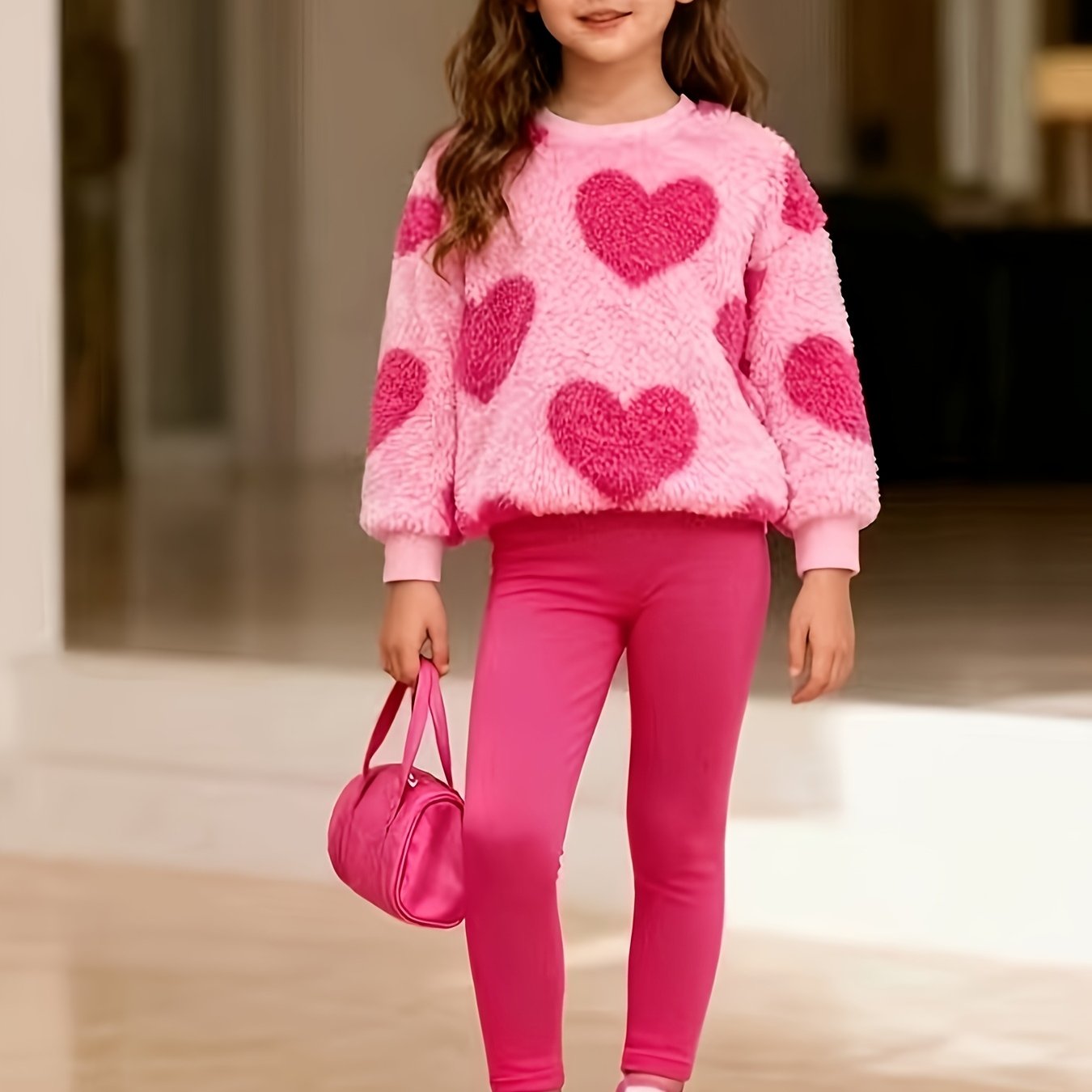 2pcs Girls' Cozy Fleece Sweatsuit Set - Soft Pink Heart Print Long Sleeve Pullover & Leggings, Machine Washable Autumn/Winter Clothes, Stretchy Winter Outfit with Heart Pattern, Round Neck Casual Playwear, for Outdoor, Knit,