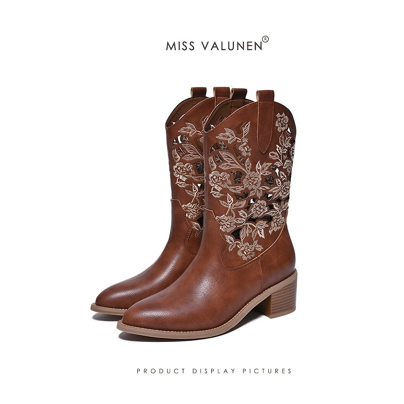 Women'S Western Cowboy Boots - Slip-On Floral Embroidered Hollowed Out Design, Pointed Toe Mid-Heel with Rubber Sole & Insole, Genuine Leather Upper for Grassland Outfits & Casual Wear, Cowgirl Boots, Embossed Boot Design, Du