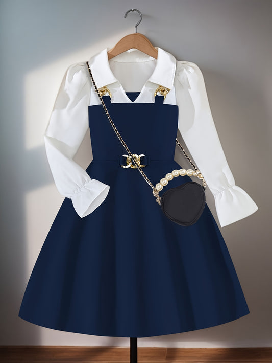 Girls' Elegant Long Sleeve Dress, Golden Chain Collar & Bell Skirt A-Line Party & Everyday Dress, Machine Washable Durable Fabric, Sturdy Construction Highquality Material, for School Christmas Birthday Outfits Holiday Outfit