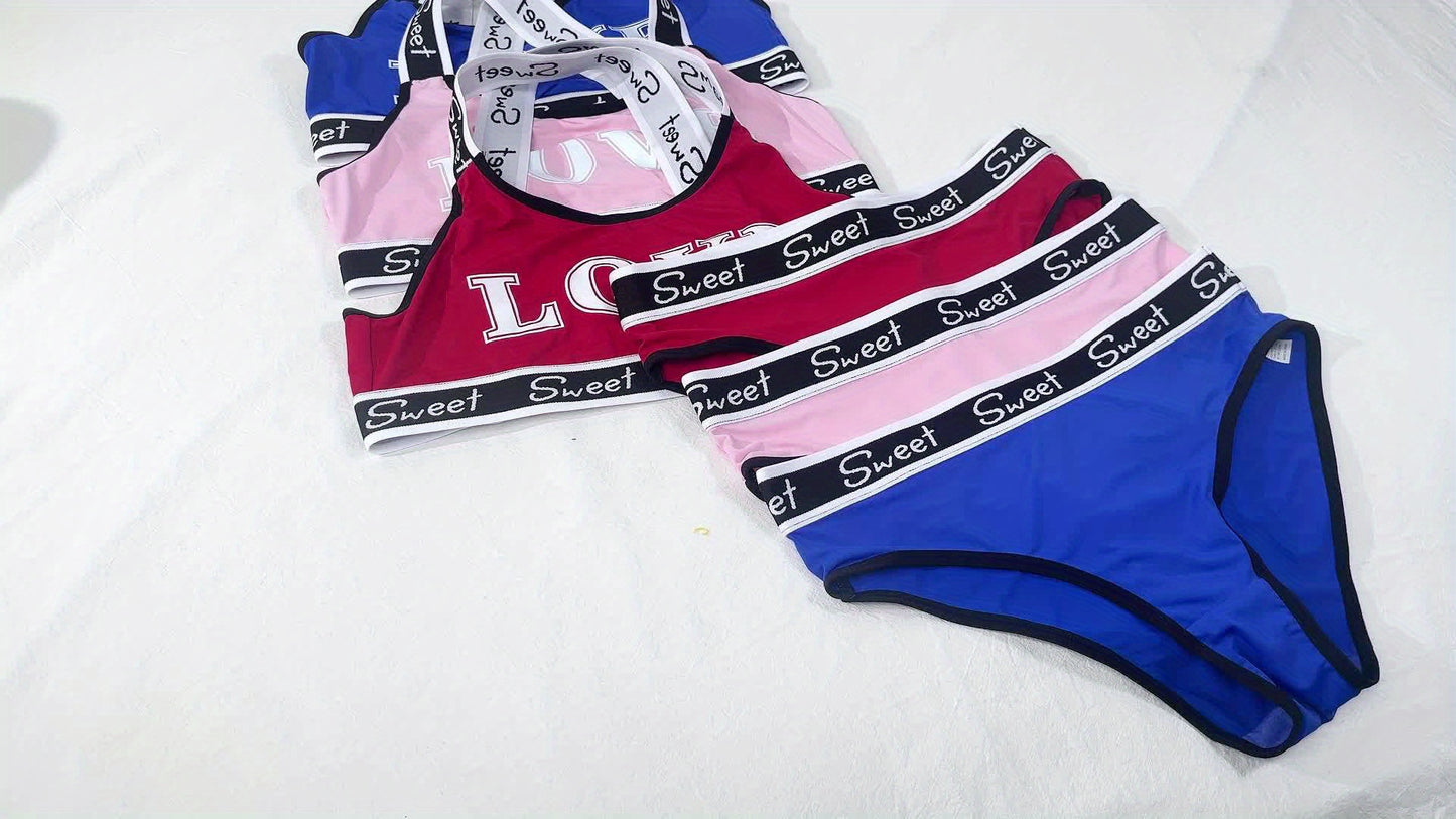 [Monogrammed Bra Set] 4 Sets Women's Monogrammed Bra Set | Fashion LOVE Pattern, Contrast Trim, Quick-Drying Ice Silky Fabric - Comfortable & Breathable for Swimming, Gym, Yoga