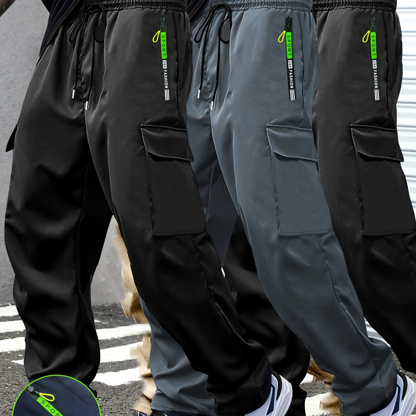 3-Pack of Men'S Thin Work Pants with Drawstring Elastic Waistband, Zipper Pockets, Large Patch Pockets, Comfortable And Breathable, Suitable for Outdoor Daily Leisure