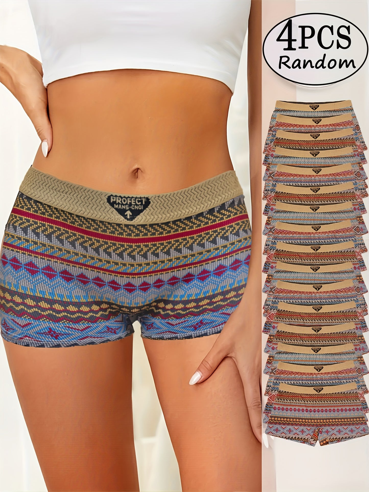 4pcs Women's Ethnic Tribal Print Shorts Underwear - Anti-Chafing Yoga Pants, Soft Mid-Waist Breathable Briefs with Boho Multi-Color (Turquoise/Beige/Brown/Red) Patterns for Gym, Dance & Daily Wear - Machine Washable Safety Sh