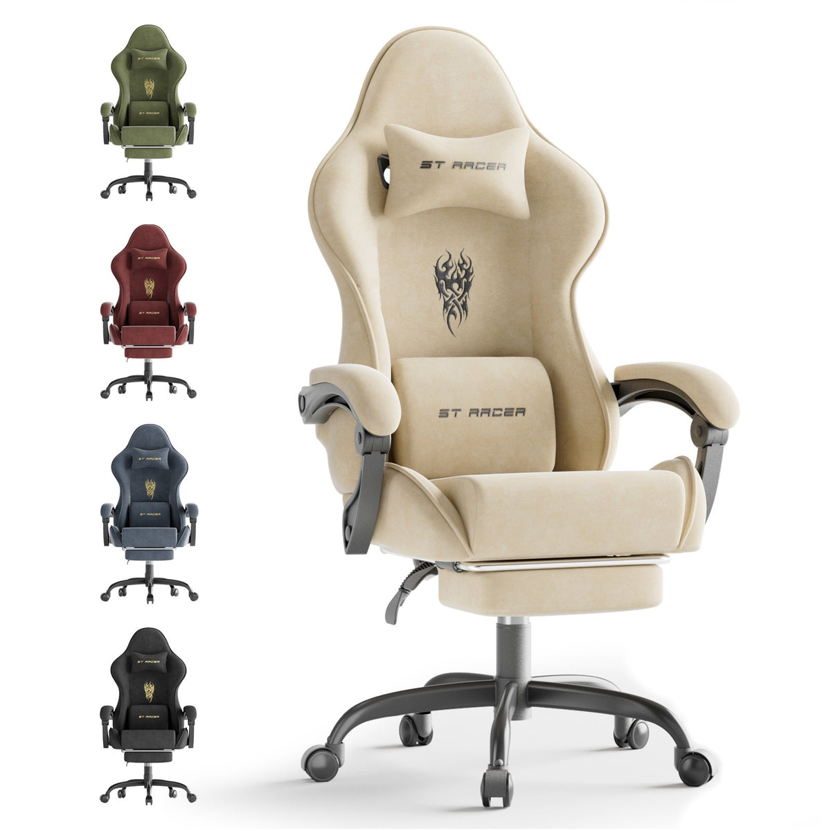 Ergonomic Velvet Fabric Gaming Chair | High Back with Massage & Footrest, Reclining, Racing Style with Headrest, Metal Frame, Wing Back, Rotating, Manual Recliner, Soontrans Brand