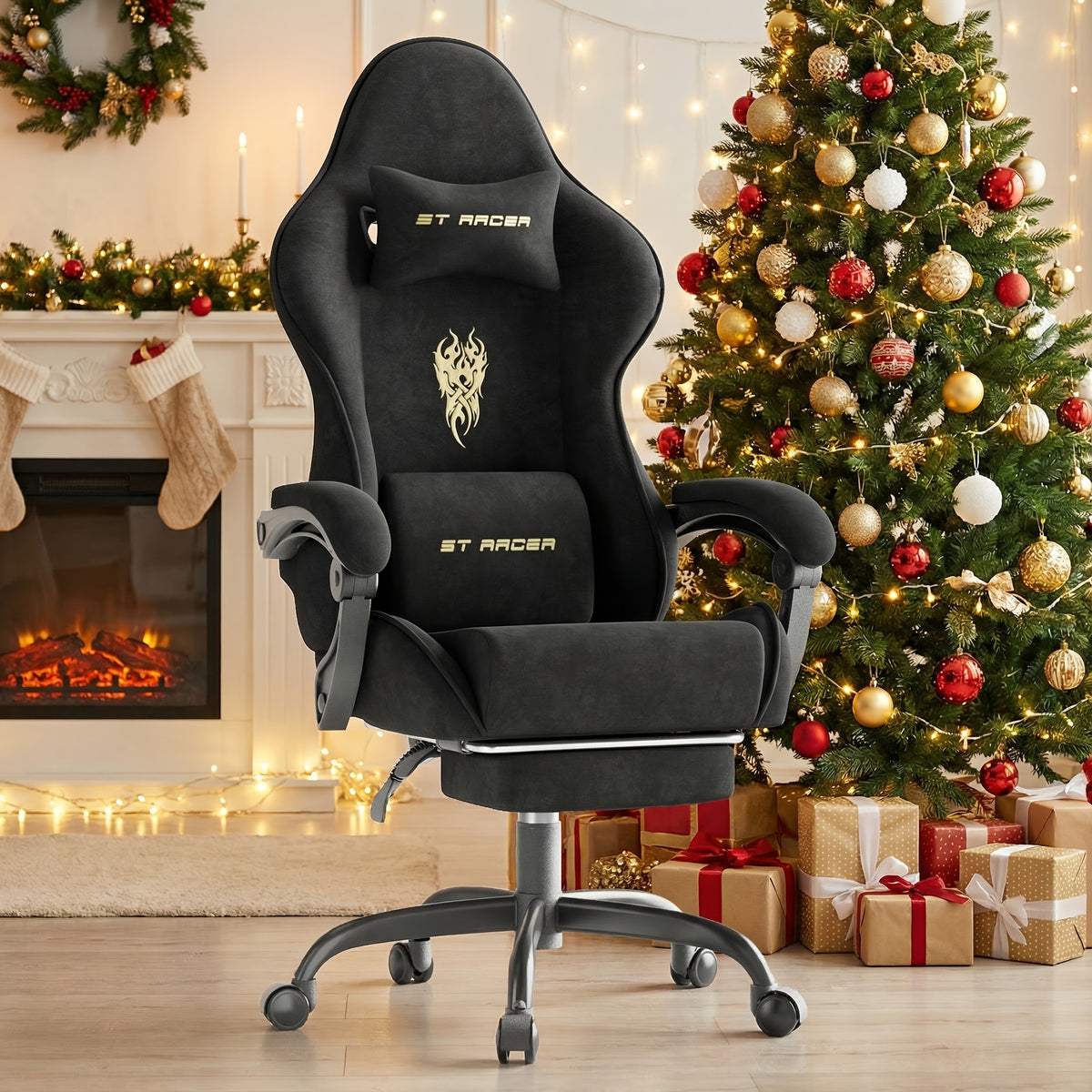 Ergonomic Velvet Fabric Gaming Chair | High Back with Massage & Footrest, Reclining, Racing Style with Headrest, Metal Frame, Wing Back, Rotating, Manual Recliner, Soontrans Brand