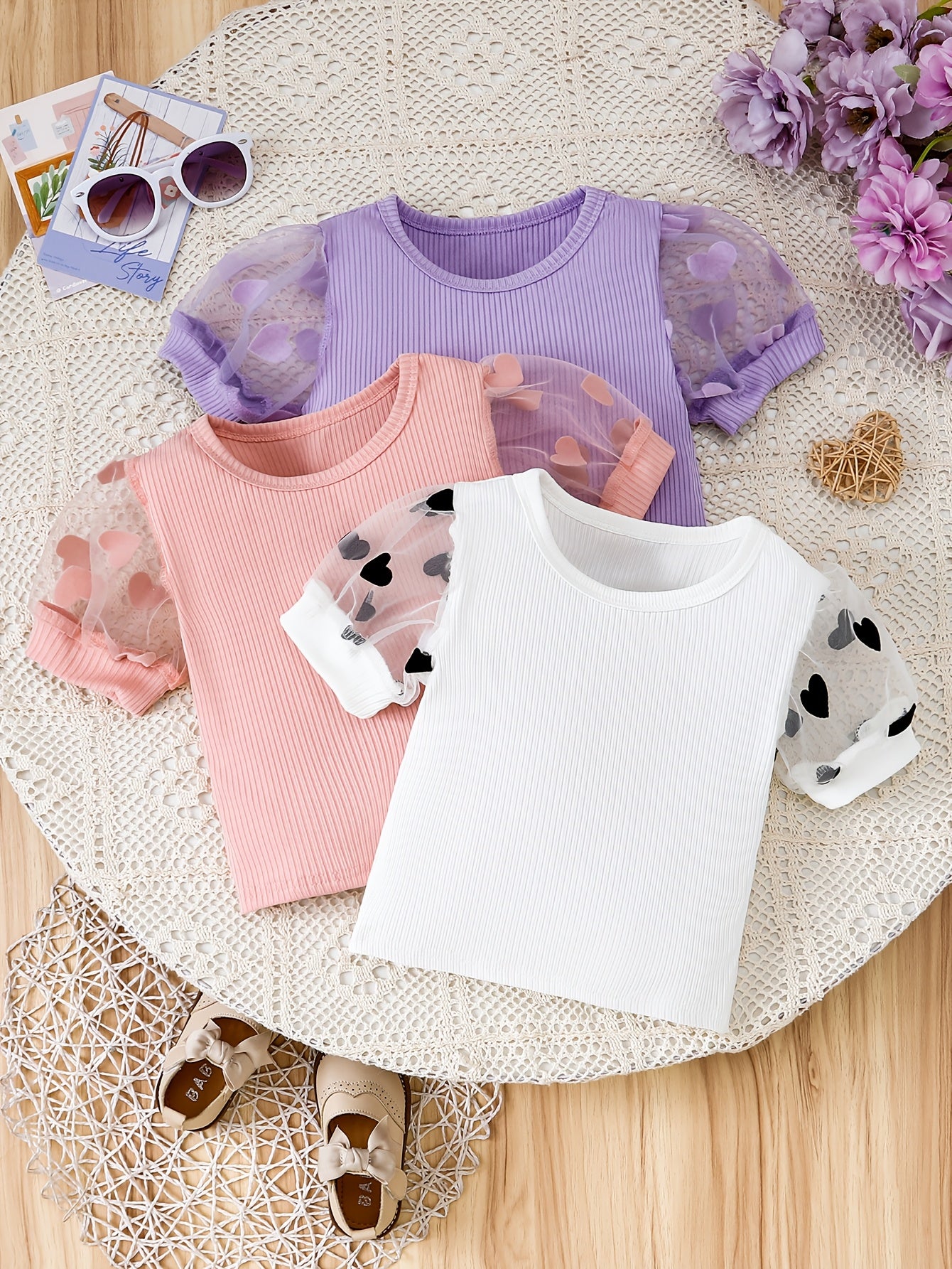 Three-Piece Set • Cute Tulle Sleeve T-Shirts • for Girls