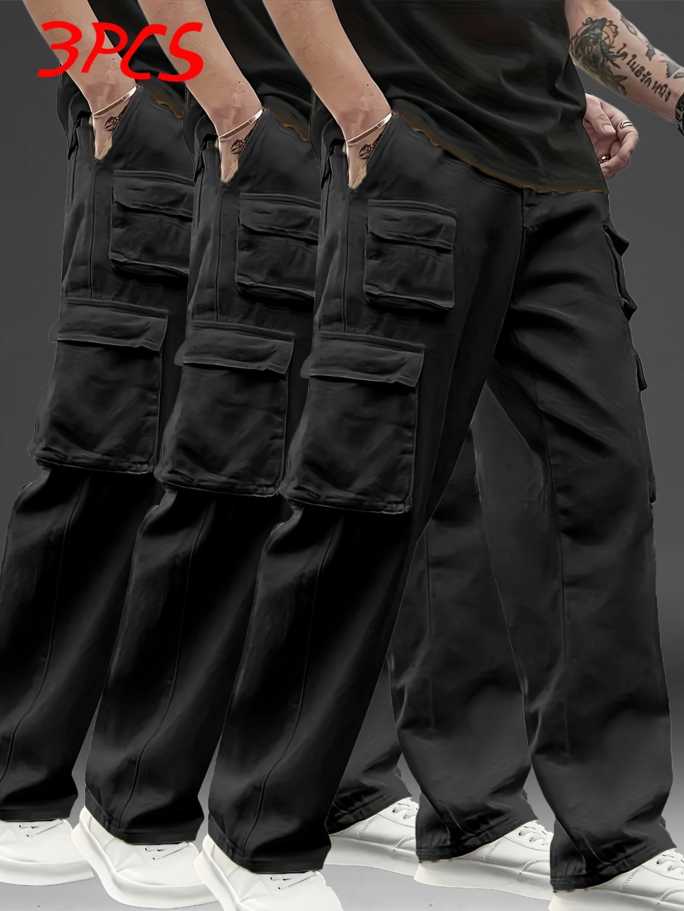 3pcs Men's Multi-Pocket Cargo Pants: Features a Trendy Loose Fit and Durable Design, Making Them Versatile Casual Work Pants Perfect for Outdoor Sports, Daily Wear, Travel, and Various Other Occasions.