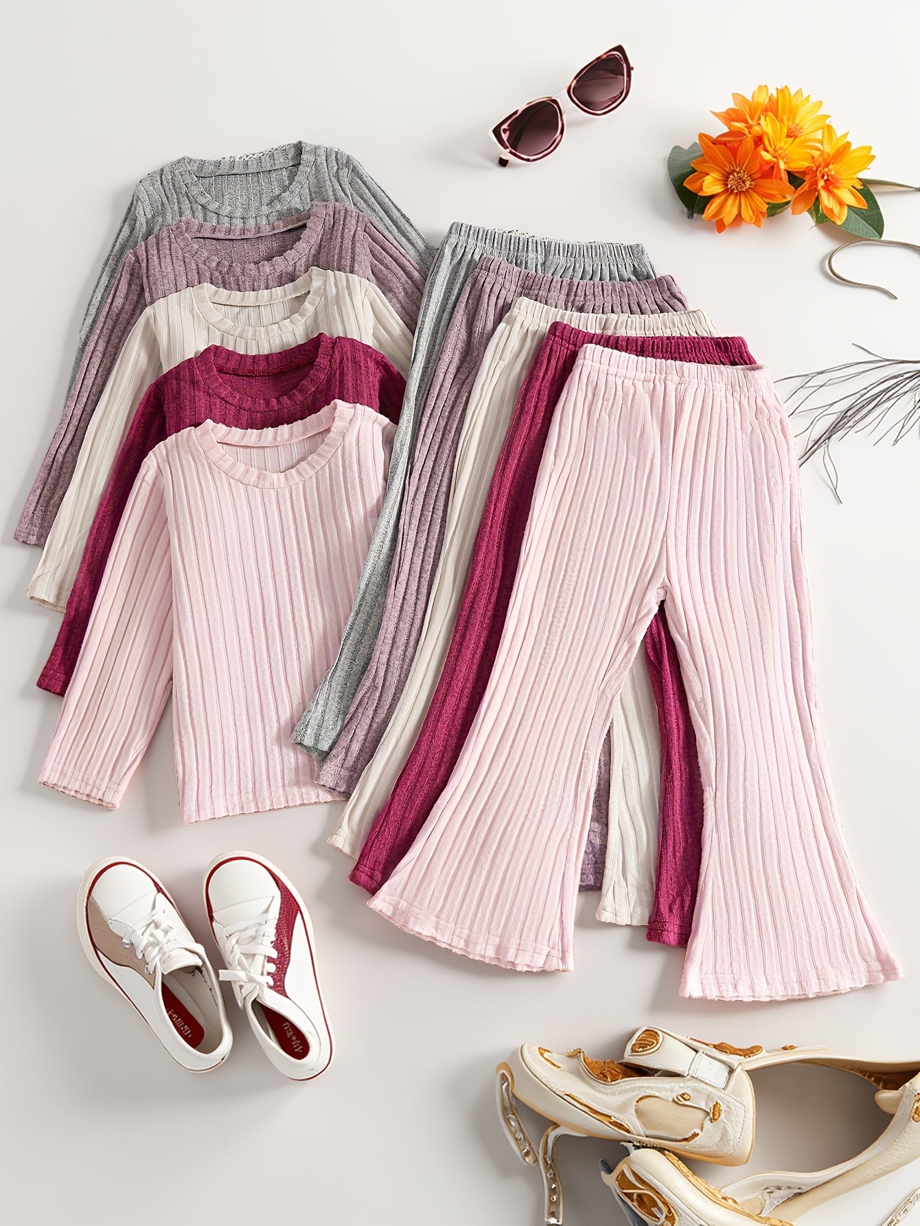 [Girls' Casual Sportswear Set] 10pcs Girls' Casual Sportswear Set with Solid Ribbed Long Sleeve Shirts and Flared Pants, Suitable for Daily Wear, Outdoor Activities, and Dance, Perfect for Outdoor