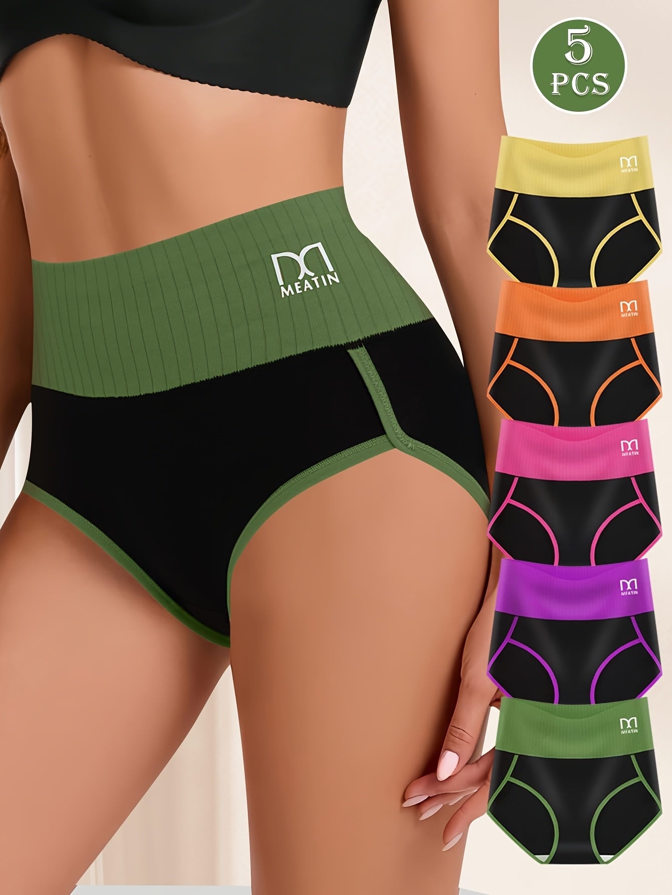 5pcs High Waist Tummy Control Underwear for Women - Bikinis with Fashion Contrast Color, Comfortable Fit, and Briefs Style Panties for Women