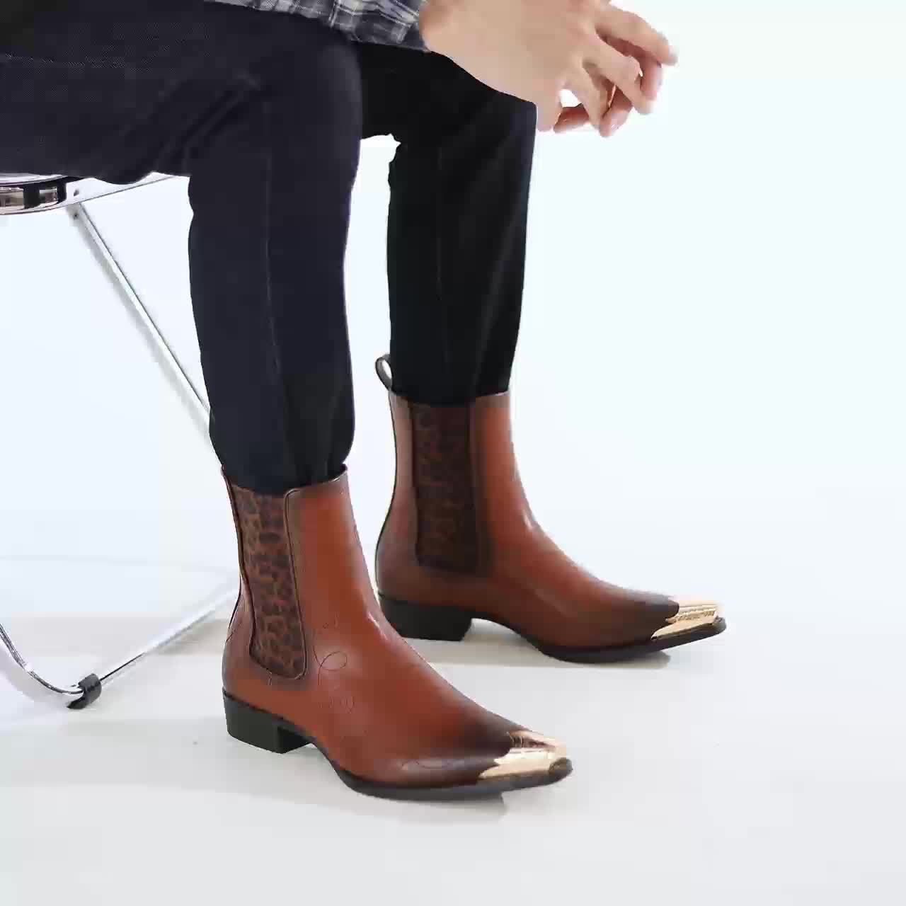 Men's Slip-On Iron-Toed Cowboy Boots with Imitation Leopard Print & Elastic Band - Low Heel Western Chelsea Boots, Pointed Toe & Round Sole for Weddings, Parties, Business - All-Season Comfortable Booties