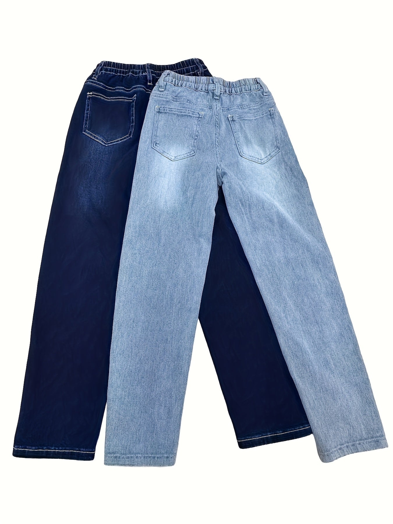 2-Pack Kids Washed Jeans for Boys & Girls Ages 8-12, Elastic Waist Straight Leg, Durable & Breathable, Mid-Rise Regular Fit, All-Season Casual Wear, Solid Color, Long Length, No Belt, Perfect for School & Outdoor Activities,