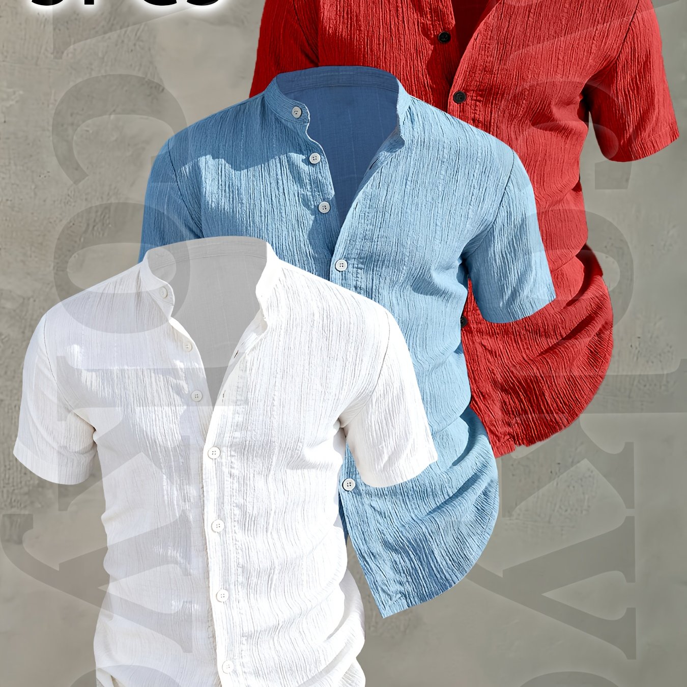 3pcs Set Men's Summer Short Sleeve Shirts • Lightweight Breathable Solid Color Button Casual Shirts with Stand Collar • Ideal for Beach Vacations, Pool Parties, and Daily Wear