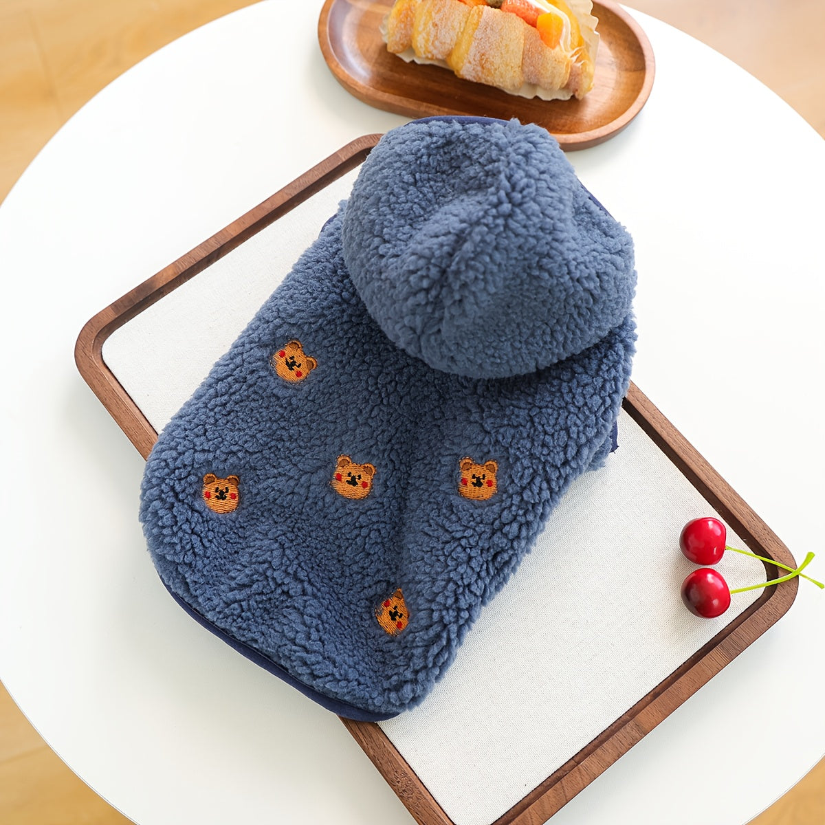 Soft Knitted Puppy Sweater with Fluffy Pom-Pom Hat - Winter Warm Dog Coat for Small Breeds, Snap Button & Zipper Closure, Cozy Blue Floral Design, Durable & Comfortable for Pomeranian, Chihuahua, Shih Tzu - Ideal for Photosho