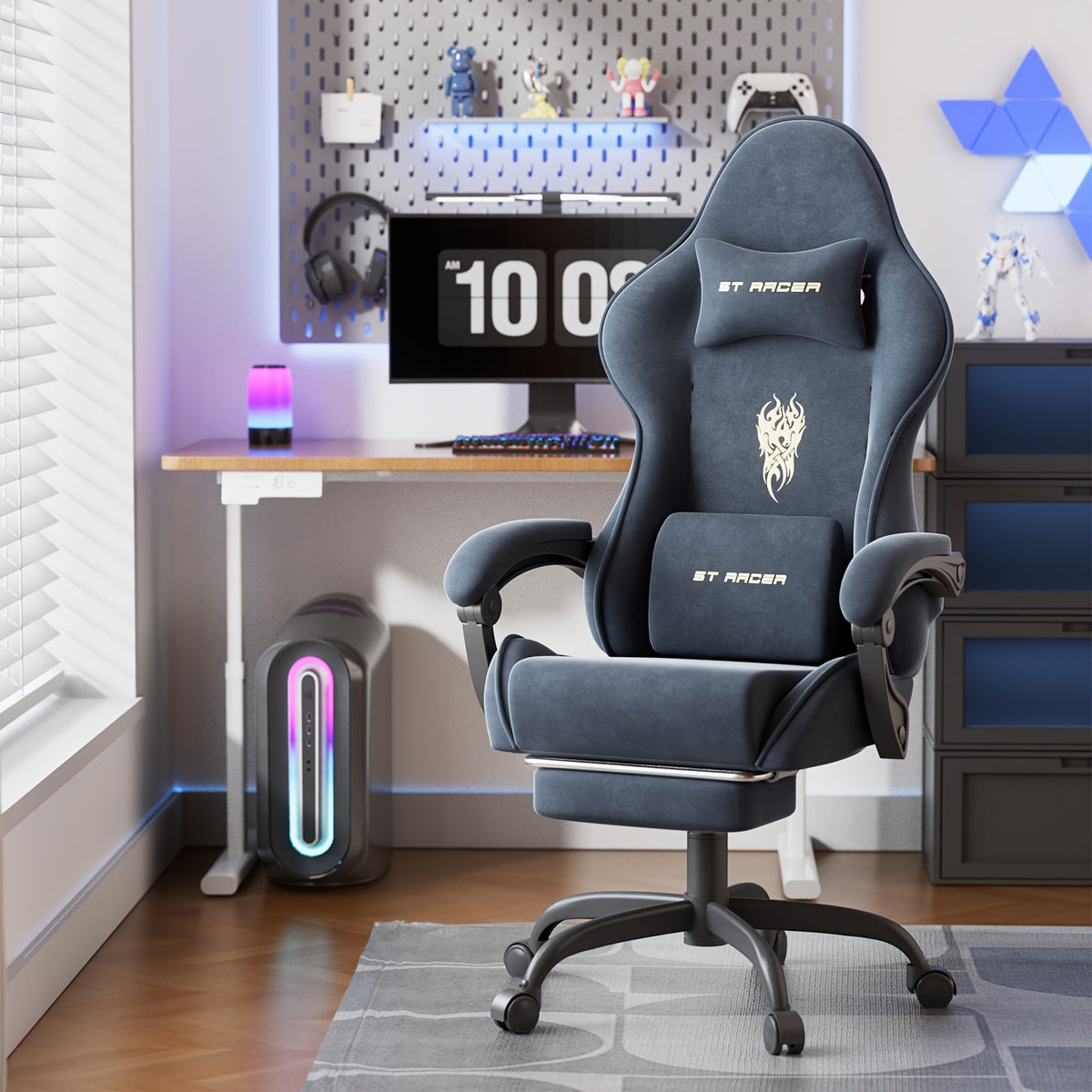 Ergonomic Velvet Fabric Gaming Chair | High Back with Massage & Footrest, Reclining, Racing Style with Headrest, Metal Frame, Wing Back, Rotating, Manual Recliner, Soontrans Brand