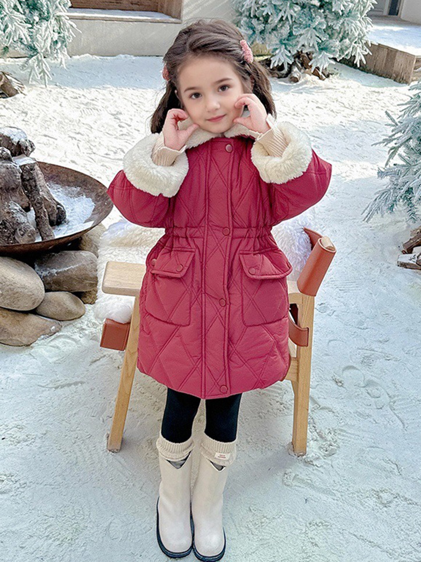2pcs Girls' Winter Warmth Fleece-Lined Windbreaker Coat & Matching Bag Set - Thickened Cold Weather Jacket with Zipper Closure, Cozy Casual Style