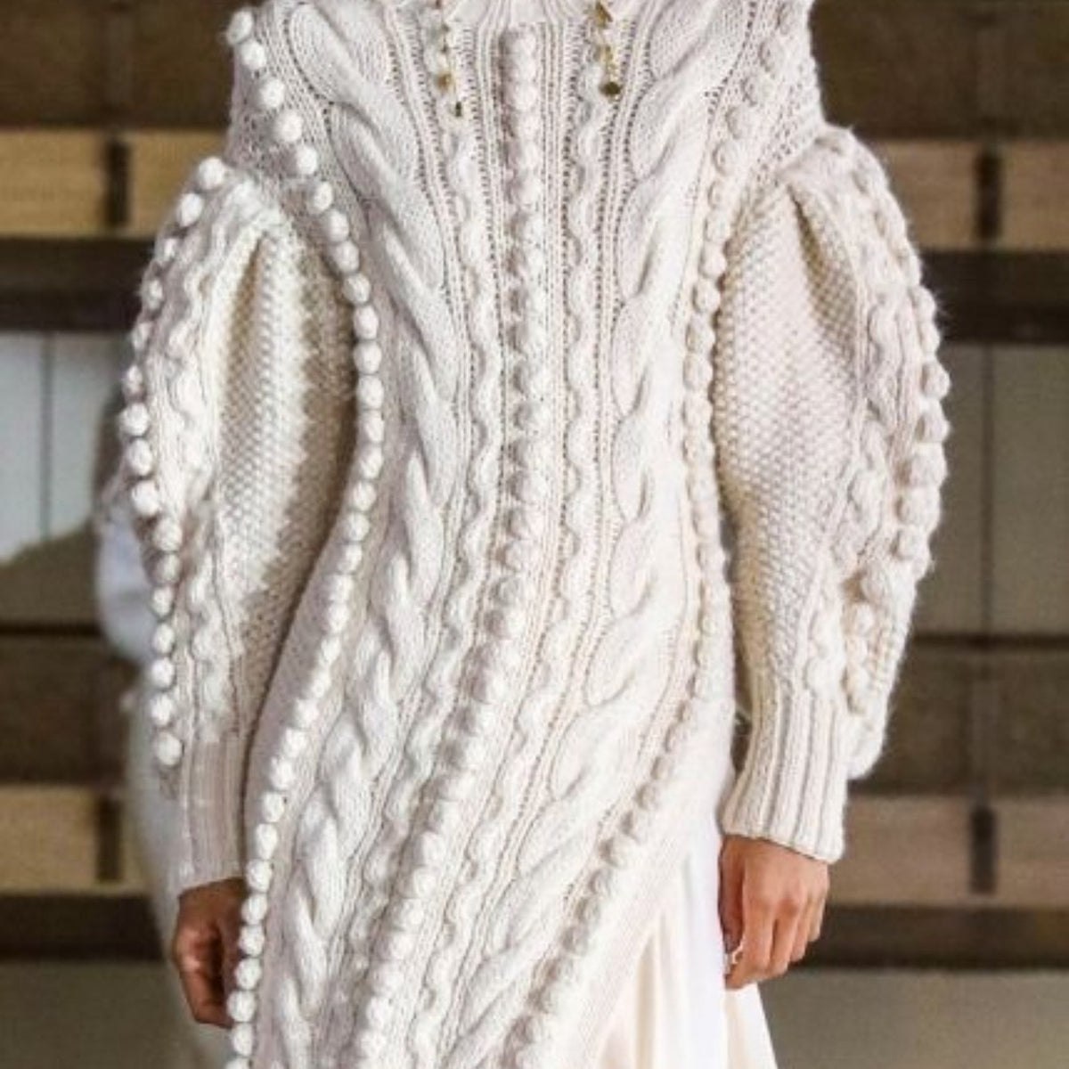 Elegant Women'S High-Neck Sweater Dress with Lantern Sleeves and Pearl Embellishments - White, Knee-Length, A-Line Silhouette, Perfect for Fall Fashion, Autumn Fashion | Pearl Embellished Dress | Construction, Sweater Dress