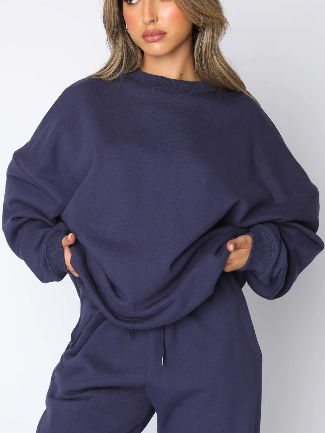 Solid Color Sweatshirt Set- Women's Round Neck Long Sleeve& Pants