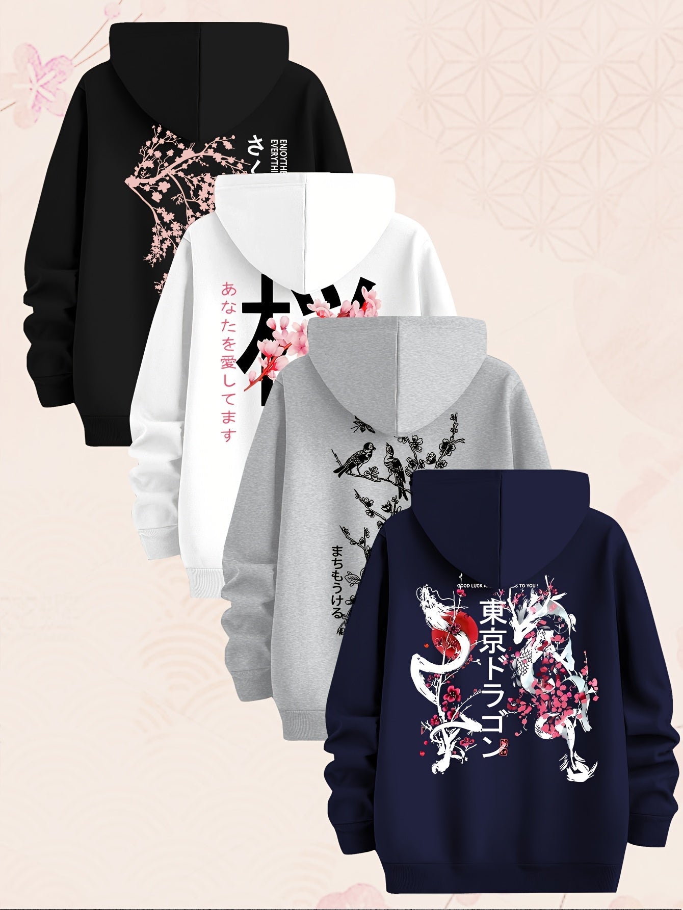 [Set of Four Hoodies] Tokyo Japanese-Style Cherry Blossom Pattern Sweatshirt, Set of Four Men's Hoodies, Made of Polyester Knit Fabric, Casual Style, Regular Fit Hoodies
