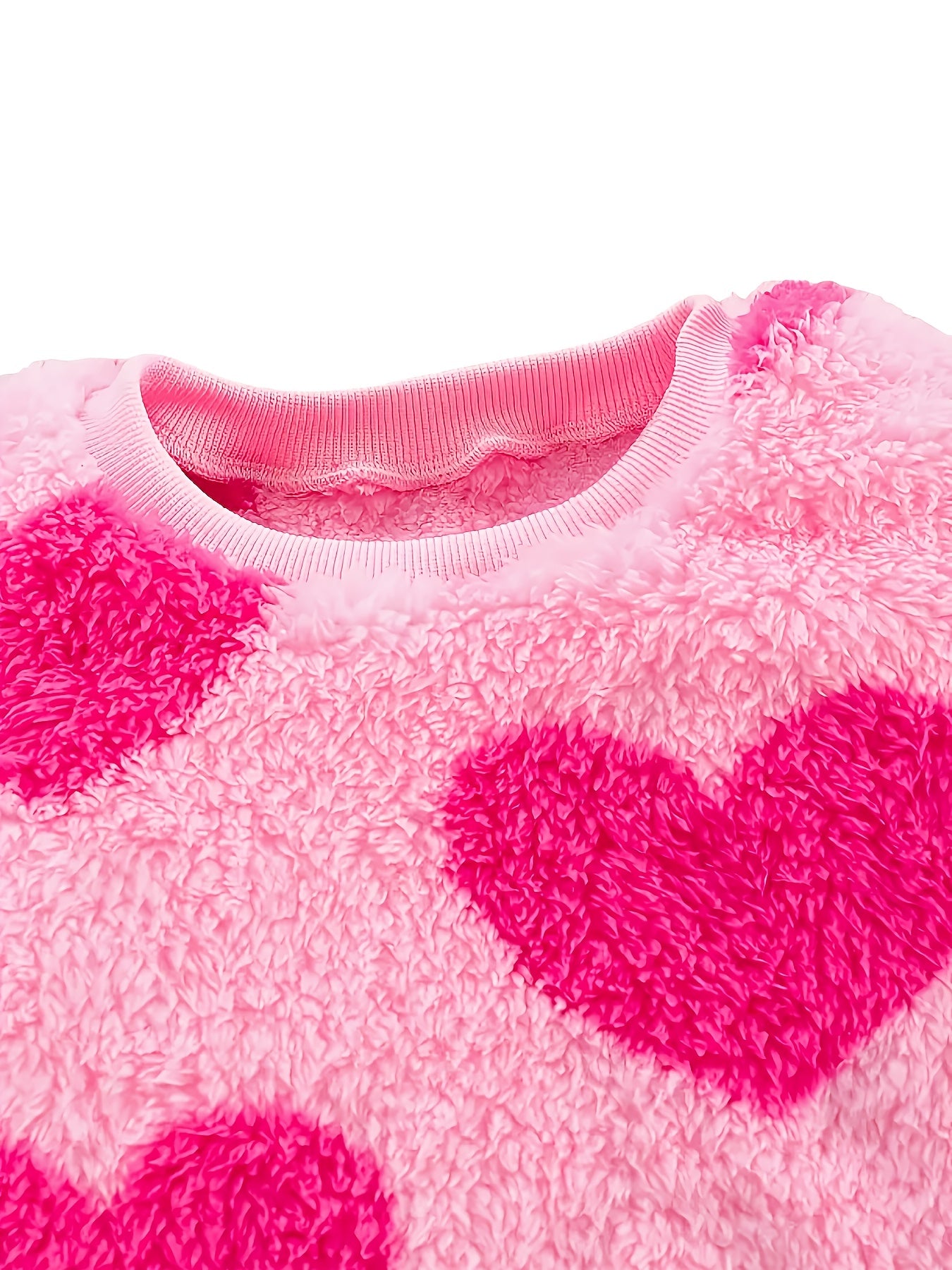 2pcs Girls' Cozy Fleece Sweatsuit Set - Soft Pink Heart Print Long Sleeve Pullover & Leggings, Machine Washable Autumn/Winter Clothes, Stretchy Winter Outfit with Heart Pattern, Round Neck Casual Playwear, for Outdoor, Knit,