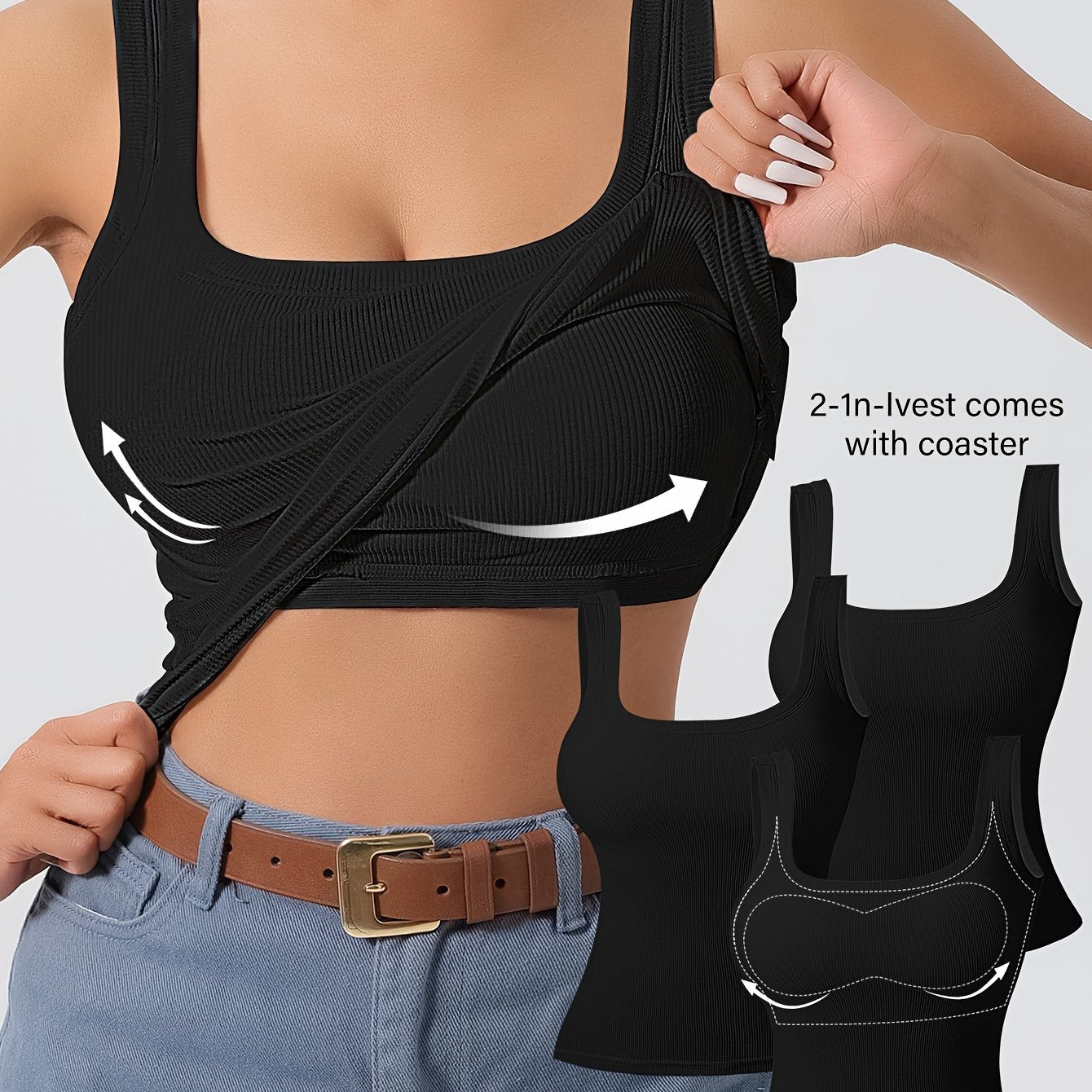 Women's 3Pcs U-Back Tank Tops With Removable Pads, Slim Fit Solid Color Versatile Inner & Outerwear Camisole Vest Set Casual Style