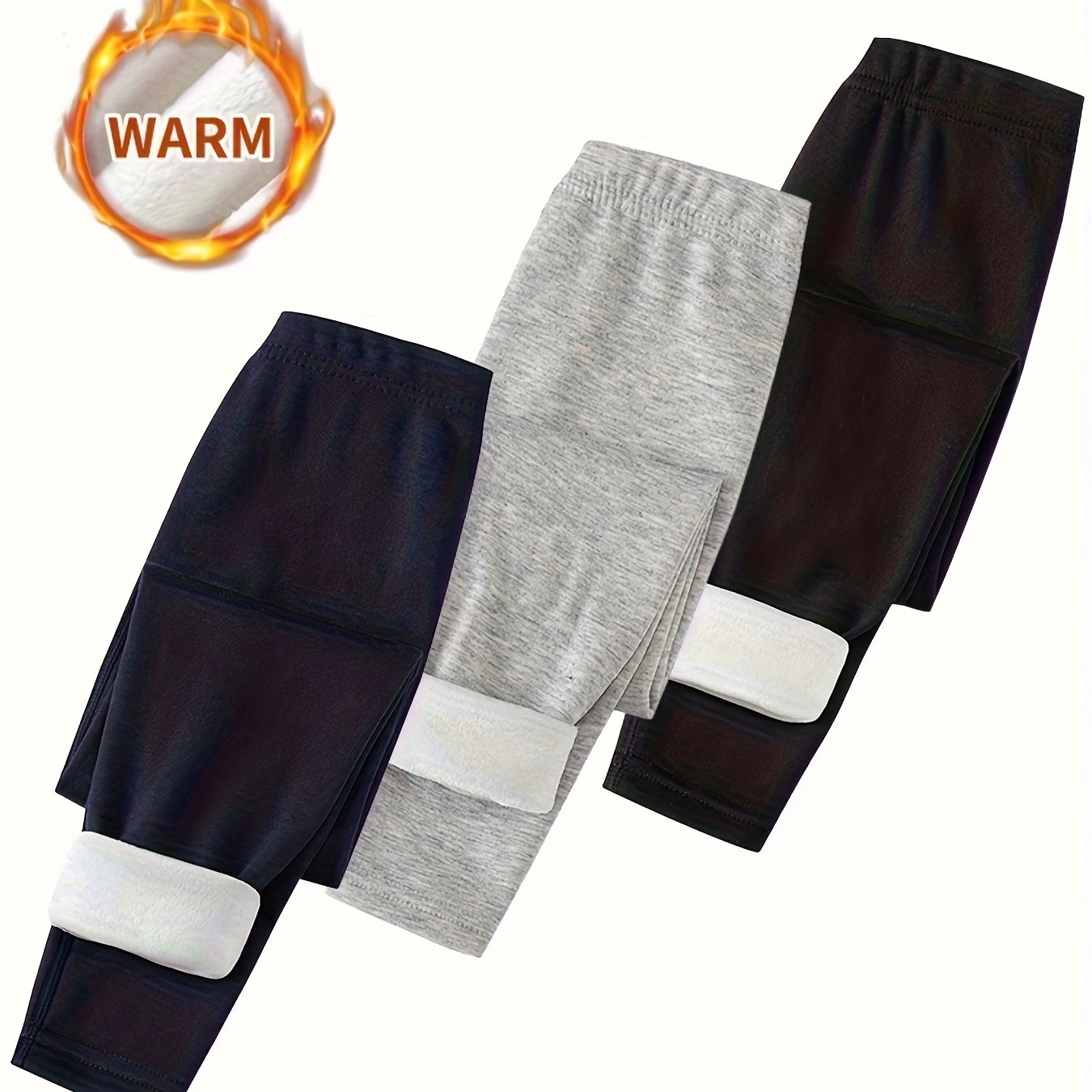 [3pcs Girls' Thermal Leggings] 3pcs Girls' Thermal Leggings - Thick Winter Running Pants with High-Stretch Tummy Control, 6 Color Options (Black/Dark Brown/ Grey/White/Navy/Beige) - Full-Length Athletic Wear for 3-12 Years, G