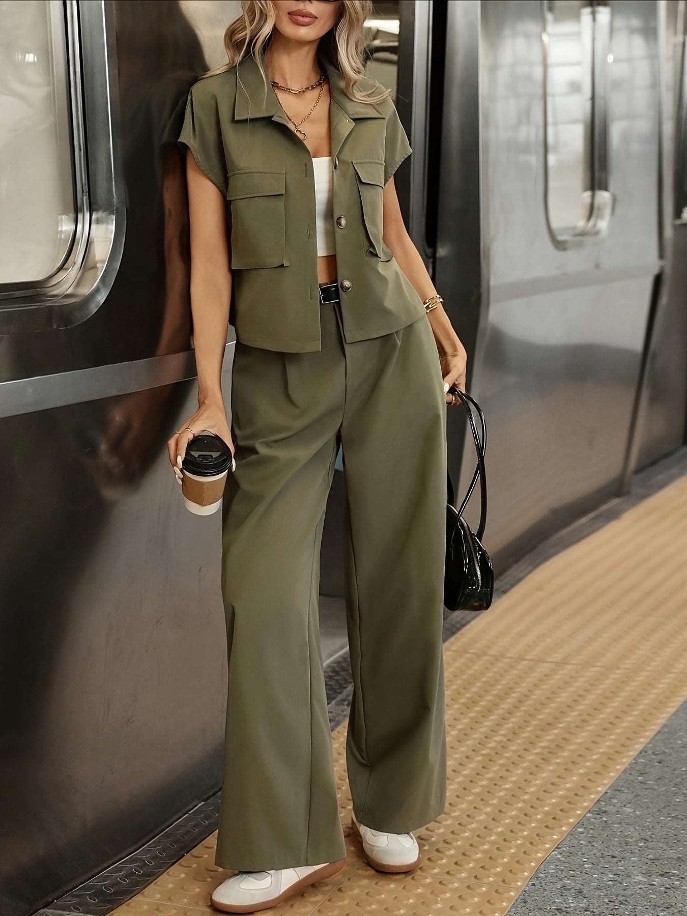 Women's Casual Solid Color Shirt and Pants 2pcs Set • Spring Summer 2pcs Set: Solid Color Button-Up Short Sleeve Top and Pocket Pants • Women's Casual Elegant Spring Summer 2pcs Outfit • Women's Outing and Date Wear •