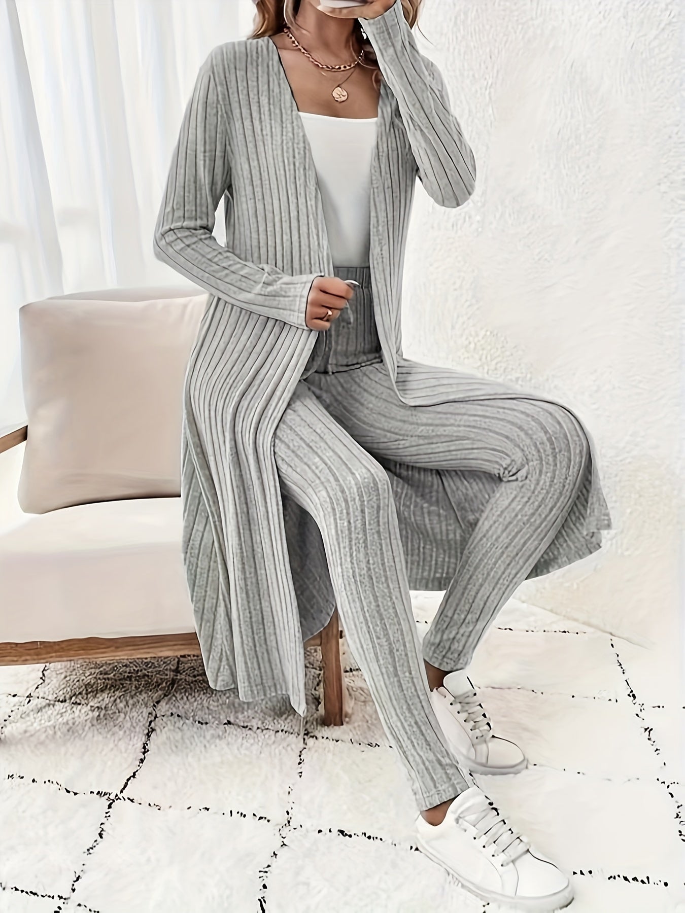 New Women'S Brushed Wide Ribbed Solid Color Long Sleeve Long Cardigan And Pants Set